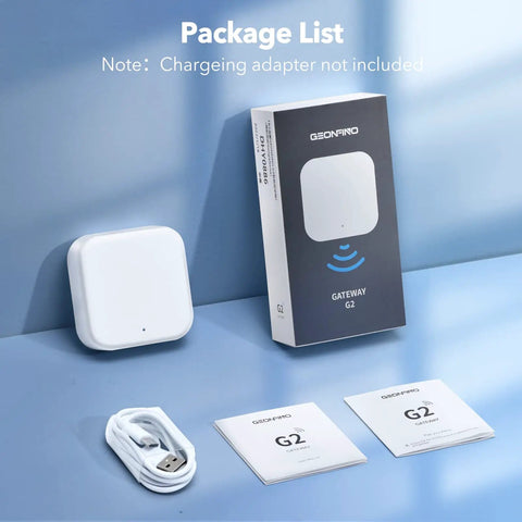 G2 WiFi Gateway For TTLock Keyless Entry package contents with hub, box, and Type-C cable displayed on a blue surface.
