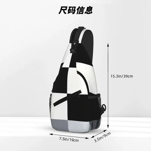 Unisex Black And White Piano Key Grid Print Fanny Pack Adjustable Crossbody Chest Bag side view with dimensions shown.