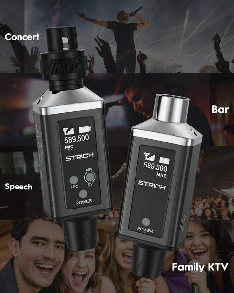 M3 UHF Wireless Microphone System with XLR Transmitter and Receiver in live concert and karaoke settings.