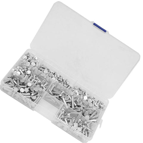 Open storage box showing Rivet Hammer And Aluminum Flat Rivets Kit, 350 Piece Assortment, 18x10x2mm Rivets, Rustproof Aluminum.