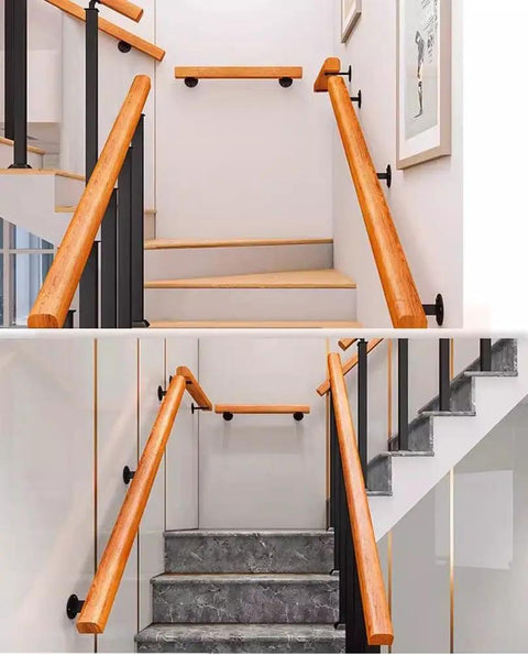 Adjustable Stainless Steel Railing Posts And Black Powder Coated Deck Railing Kit For Indoor Stairs Outdoor Porch Steps Floor Mount Baluster System with wooden handrails.
