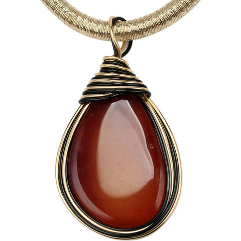 Bold Resin Stone Pendant Necklace With Long Rope Chain For Women Dope Statement Jewelry With Jeweled Metal Wire Accent Durable Wear Fashionable Costume Accessory In Rich Brown