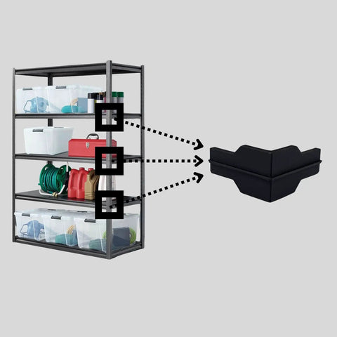 Twelve Pack Heavy Duty Corner Braces For Garage Shelving Systems Solid Black Steel Rack Connectors on garage shelving unit.