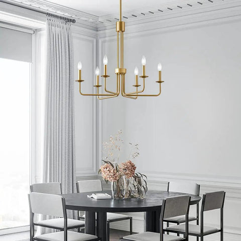 Shiny Gold 6 Light Candle Chandelier For Dining Room Living Room Kitchen And Foyer Over Table Ceiling Light Fixture 28 Inch