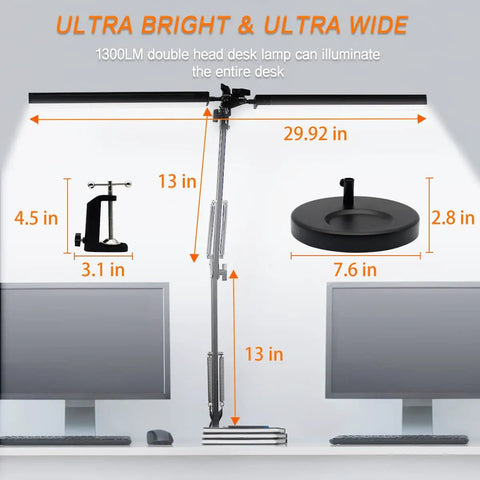 LED Desk Lamp with Clamp Adjustable Swing Arm Dual Head Light for Office and Home 3 Color Modes and 10 Level Dimming Eye Care with Wide Coverage