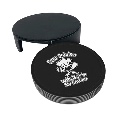 Leather Coasters 6 Piece Set With Holder For Weddings, Bars, Homes, And Offices, black round PU leather with chef design and holder.