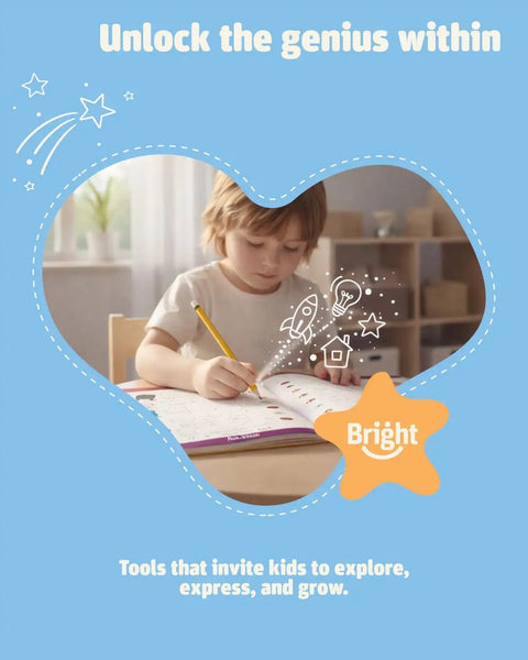 Child writing in a notebook with drawings of rockets and stars around, promoting creativity and learning.