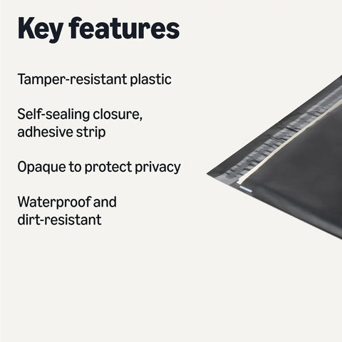 Detail of 10x13 black poly mailer showing tamper-resistant and waterproof design for secure shipping needs.