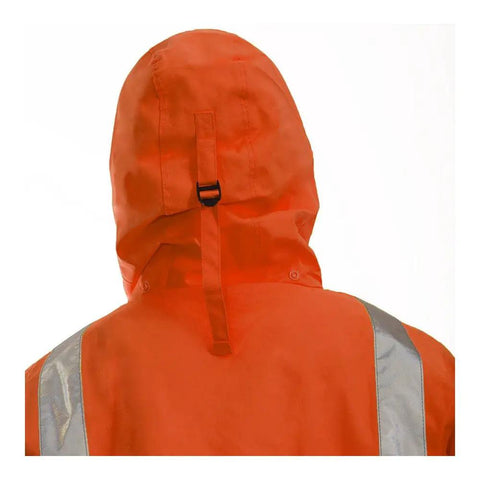 Back view of High Visibility Hooded Jacket With Attached Hood For Day And Night Safety Pro Grade ANSI ISEA 107 Type R Class 3 Fluorescent