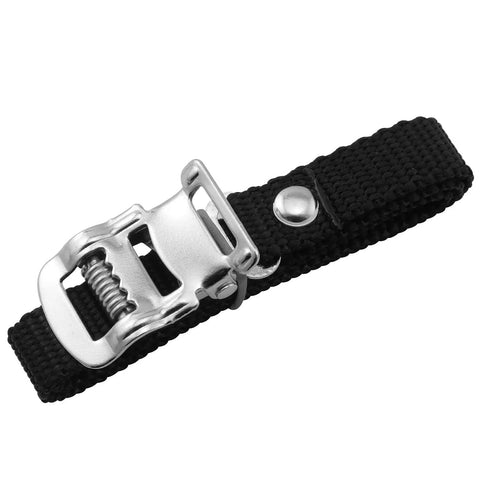 Close-up of adjustable steel buckle on black nylon bike pedal toe strap from Bike Pedal Toe Straps 4 Pack Black Nylon Clips For Bicycle And Spin Class Pedals Adjustable Steel Buckle Straps Fit Most Shoes And Feet Durable Wear Resistant Grippy.