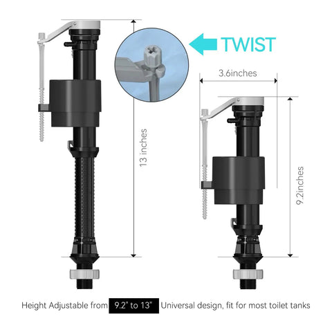 Universal Quiet Toilet Fill Valve And Comprehensive Repair Kit, height adjustable from 9.2 to 13 inches, black ABS construction.