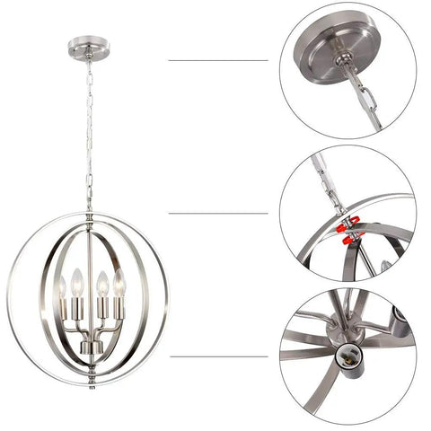 Dope Modern 4 Light Globe Chandelier In Brushed Nickel, Adjustable Height With 59in Wire And Chain, installation details