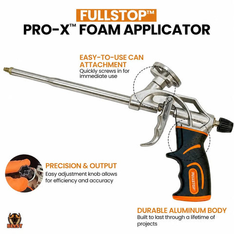 Heavy Duty Spray Foam Insulation Kit For Walls And Attic Featuring Sick Fire Rated Heat Blocking And Sound Dampening With Thirty Six Cans Pro Trigger Gun attached to a durable aluminum applicator.
