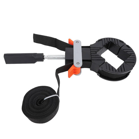 Quick Tension Adjustable Strap Clamp For Pro Level Woodworking And Swifter Picture Frame Assembly Featuring A Heavy Duty 32 Foot Nylon Webbing Strap with lever and strap detail.