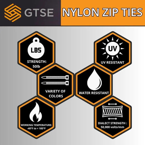 Infographic for 8 Inch Yellow Zip Ties 1000 Pack 50 Lb Strength Nylon Cable Ties UV Resistant Self Locking Tie Wraps
