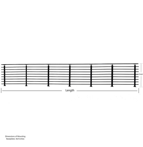 Top Shelf Horizontal Steel Railing Banister Kit 17 Point 5 Ft Hella Adjustable Guard System For Staircases Decks Built Tough With Powder Coated Posts shown in dimensions.