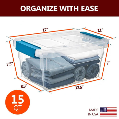 Clear Plastic Storage Bins With Lids Stackable Organizers 15 Quart with clothes inside, ideal for storage and organization.