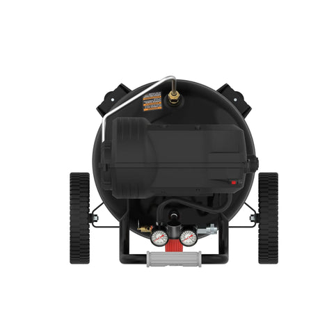 Top view of Campbell Hausfeld C151CH 15 Gallon Vertical Air Compressor with 225 PSI pressure gauges and wheels.