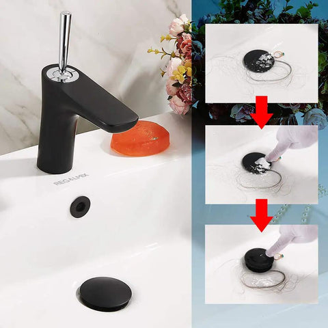 Heavy Duty Matte Black Vessel Sink Drain Stopper With Overflow And Built In Hair Catcher shown in use, demonstrating clog prevention.