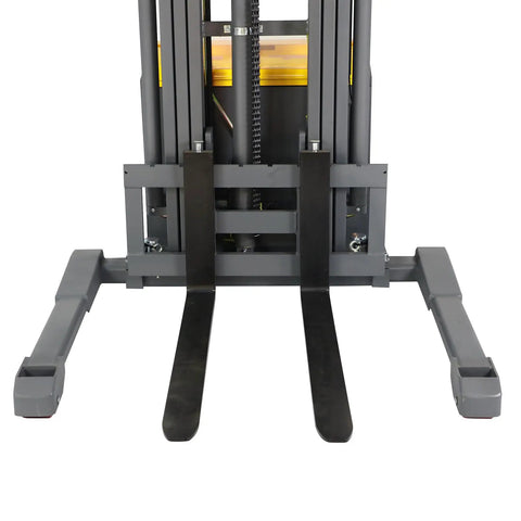 Heavy Duty Electric Forklift Stackers With 3300 Pounds Lifting Capacity And 220 Inch Vertical Reach showing fork design for pallet loading.
