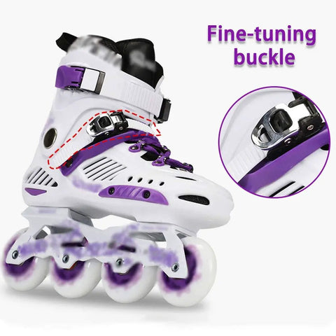Kids Inline Skates For Beginners with luminous wheels, premium white purple design, fine-tuning buckle, size US 6, breathable mesh upper.