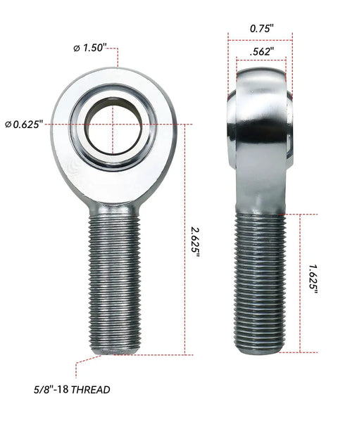 Heavy Duty 5/8 Inch Heim Joints Rod End Kit Built Damn Tough With Hard Chrome Plated Chromoly Steel showing dimensions and threaded design.