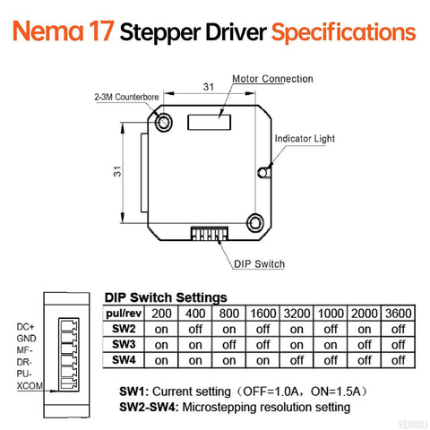 Nema 17 Stepper Motor With Plug And Play Driver 1.8 Degree 2 Phase High Torque 0.7Nm Bipolar 2.5A wiring and DIP switch specifications