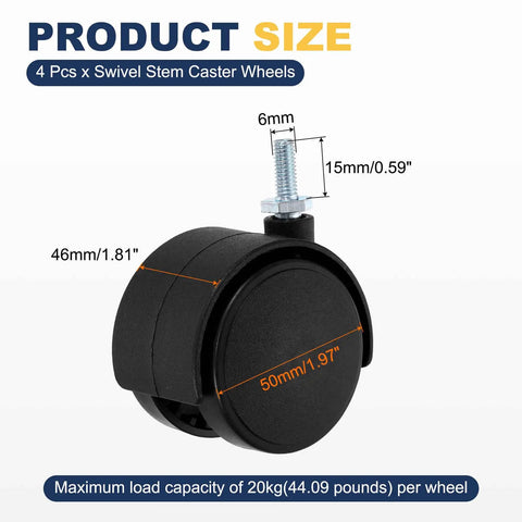Four Pack Two Inch Swivel Caster Wheels Fitted With M6x15mm Threaded Stems Built Like A Tank So They Ride Smooth On Chairs And Wooden Furniture Heavy Duty Black Polypropylene Casters Handle Forty Four Pounds, showing size dimensions.