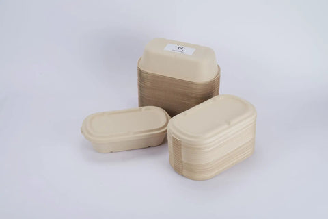 Stack of 34 Oz Sugarcane Pulp Takeout Containers With Lids Eco Friendly Plastic Free Biodegradable Compostable Microwave Safe To Go Boxes