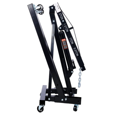 Heavy Duty 2 Ton Folding Engine Hoist Shop Crane With Hydraulic Pump And Six Swivel Casters, side view, compact design.