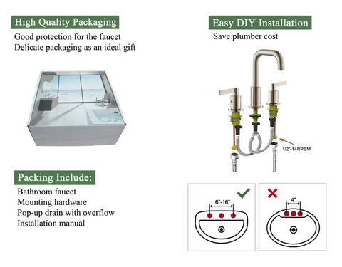 Brushed Gold Sleek 8 Inch Widespread Bathroom Faucet With Two Handles High Arc Spout Pop Up Drain 3 Hole Vanity Sink Faucet 360 Degree Brass Swivel Waterway No Drip CUPC NSF Certified packaging and installation diagram