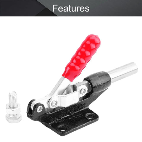 Adjustable Toggle Clamp With Quick Release Push Pull Action, 851 Lbs Capacity, High Carbon Steel GH 304 EM, 180 Degree Handle, Red and Silver Finish, Beefy Heavy Duty Jig Clamp For Woodworking And Metalworking, with clamp screw