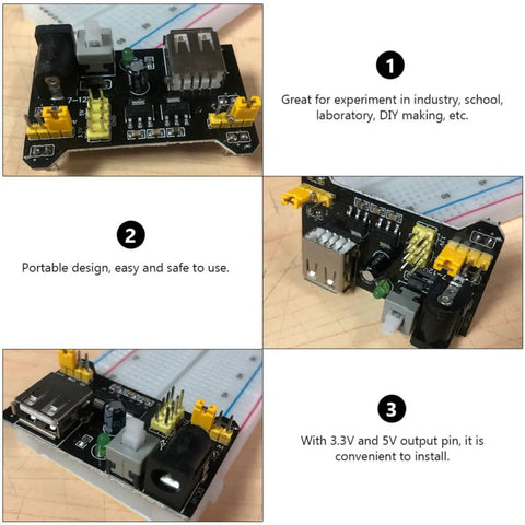 Portable 5V Breadboard Power Supply Module for MB102, 6.5 to 12V Input, Safe Up To 33V, Stabilized Output, Plug And Play Power Board for School Labs, Hobbyists, and Industrial Electronics Projects with 3.3V and 5V pins