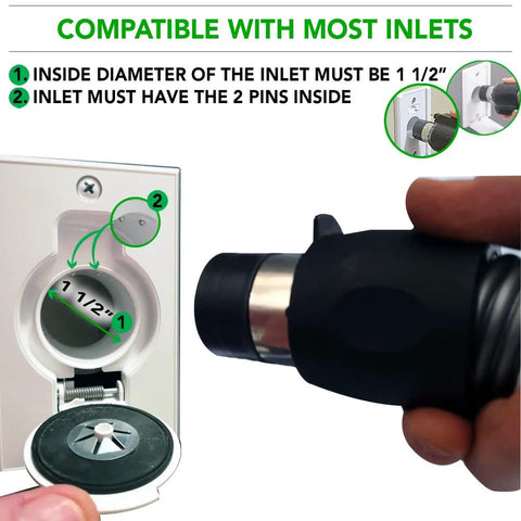 Installed view: central vacuum kit with black hose connected to white wall inlet and 12-inch floor brush.