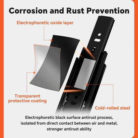 Heavy-Duty 10 Inch Full Extension Side Mount Drawer Slides with anti-rust black finish coating illustration