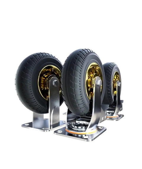 Four Piece Heavy Duty Caster Kit Featuring Built Tough Silent Rubber Wheels And Directional Lock Brakes Plus No Sweat Stem Screw Install For Gear Carts with glossy metal bases and black rubber wheels.