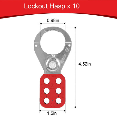 Top Shelf 10 Pack Lock Out Tag Out Hasps Rock Solid Stainless Steel Safety Hardware With Nylon Handles And One Inch Jaws, detailed view of hasp with dimensions.