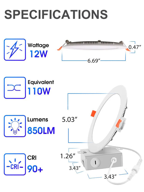 Specifications of Lit 12 Pack Slim LED Recessed Lights 6 Inch Canless Downlights With Junction Box 3000K Warm White 12W To 110W Eqv Dimmable And Non Flicker IC Rated ETL Certified 850 Lumens showing wattage, size, and CRI details.