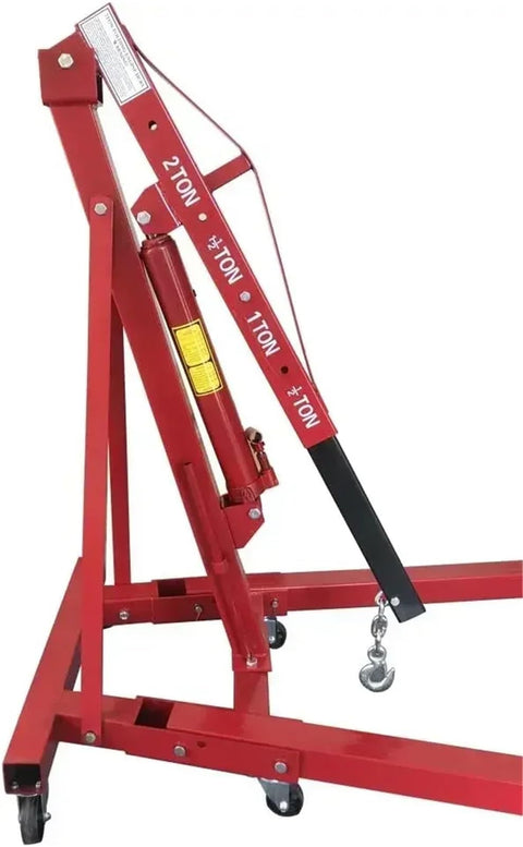 Heavy Duty Folding Hydraulic Engine Hoist 2 Ton 4000 Lb Capacity Shop Crane angled view showing hydraulic lift and frame.