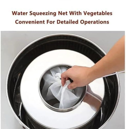Water squeezing net with vegetables in stainless steel container for detailed operations, enhancing food preparation.