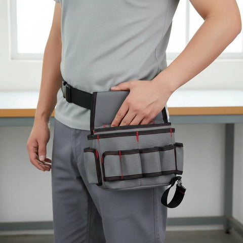 Hella Tough Canvas Tool Belt Waist Pouch With Spacious Multiple Pockets For Electricians And Contractors Built Water Resistant Adjustable Straps For Heavy Duty Diy Tasks And Outdoor Repairs Black Gray worn on waist