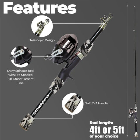 Kid Friendly Fishing Pole Rod And Reel Combo Starter Set With Tackle Box, 5ft Telescopic Rod, Pre Spooled 8lb Line, camo design