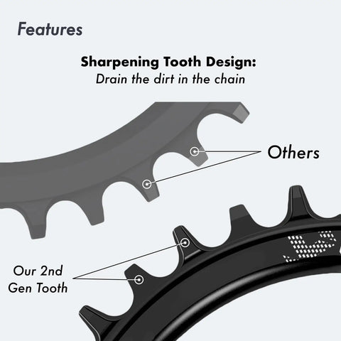 Close-up of sharpening tooth design on Direct Mount Oval Chainring for SRAM GXP 3mm Offset, showing dirt drainage feature.
