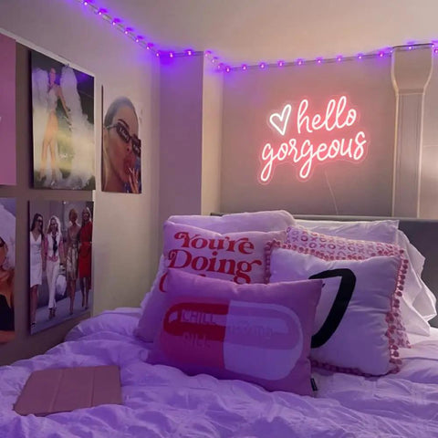 Hello Gorgeous Neon Sign LED Neon Light Heart Wall Decor for Girl Bedroom above bed with pillows and wall art