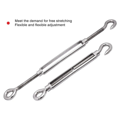 Top Shelf 304 Stainless Steel Hook And Eye Turnbuckle Kit For Wire Rope Tensioning Heavy Duty M10 Rigging Hardware with hooks.