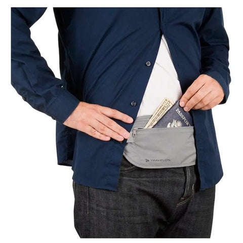 Person accessing RFID Blocking Undergarment Waist Pouch Travel Wallet With Dual Zipper Pockets And Drop Pockets For Passport Cash Cards