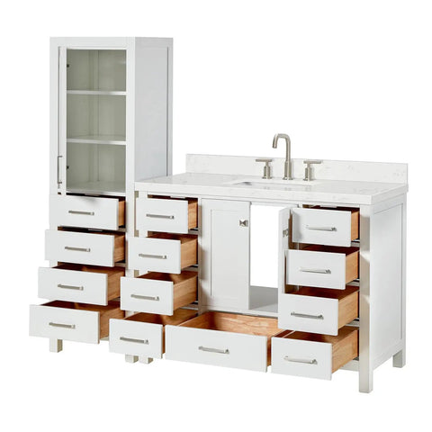 Top Notch 68 Inch Bathroom Vanity Set Packs 48 Inch Single Sink Base And 20 Inch Linen Cabinet Built Tough From Solid Wood With Smooth Water Resistant Finish Plus Sleek Carrara White Quartz Countertop Storage