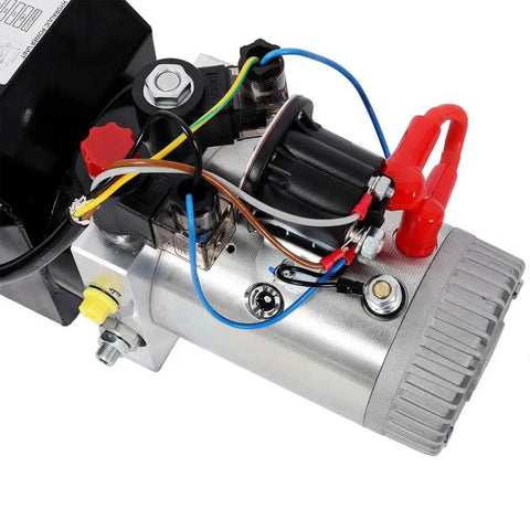 Heavy Duty 12V DC Hydraulic Power Unit With Double Acting Motor And 3 Quart Steel Reservoir showing wiring and pump details