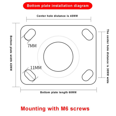 Bottom plate installation diagram for Top Notch Locking Casters Set Of Four featuring measurements and mounting instructions.