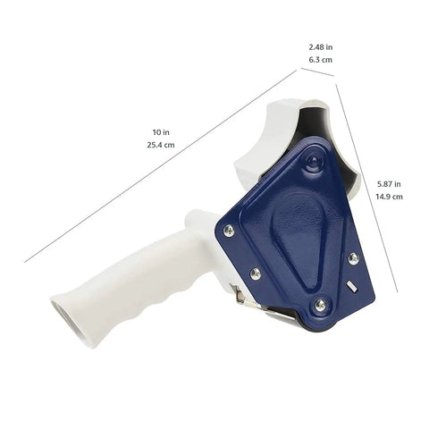 Heavy Duty Packaging Tape Dispenser Gun Featuring Slick Side Load Design And Ergonomic Grip For Quick Box Taping Jobs That Go Smoothly Without The Hassle Or Fumbling, showing dimensions and side view.